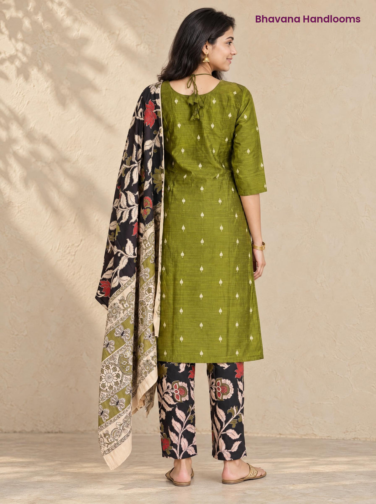 Olive Green Raw Silk 3PC Set · Black Kalamkari Dupatta