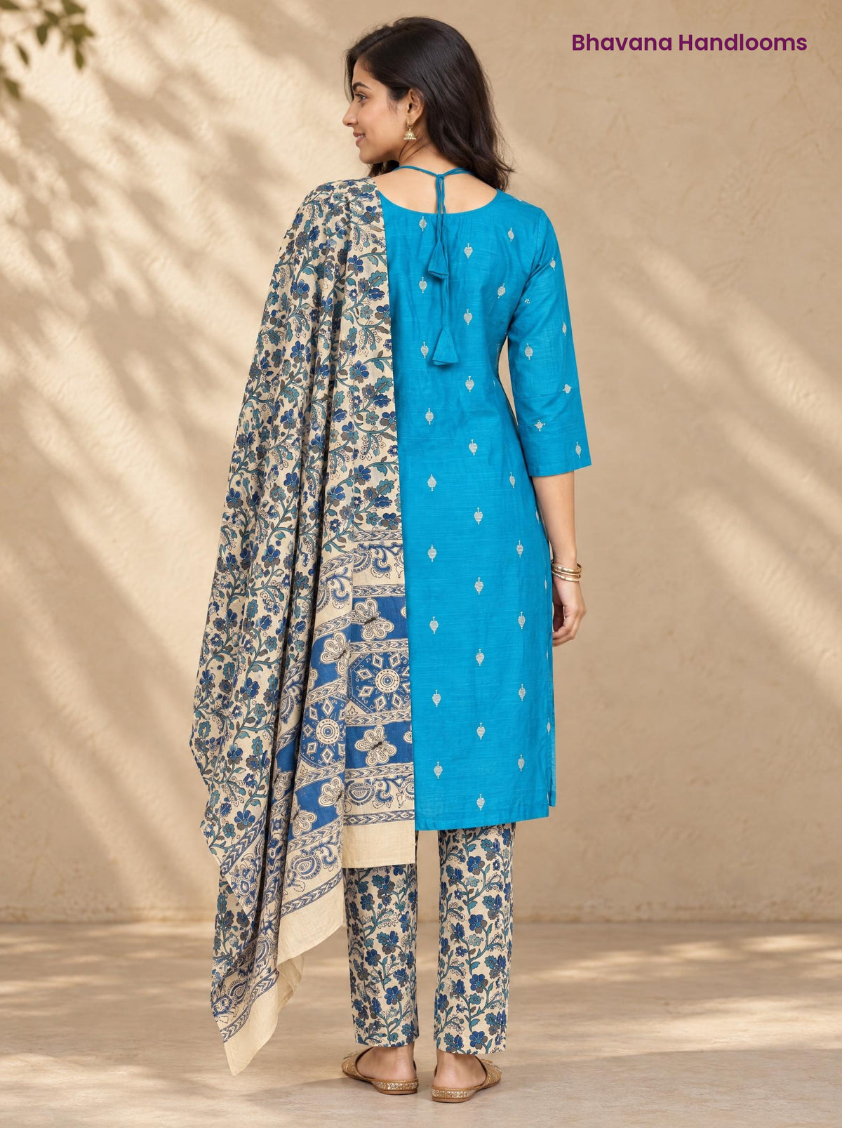 Sky Blue Raw Silk 3PC Set · Blue & Cream Kalamkari Dupatta