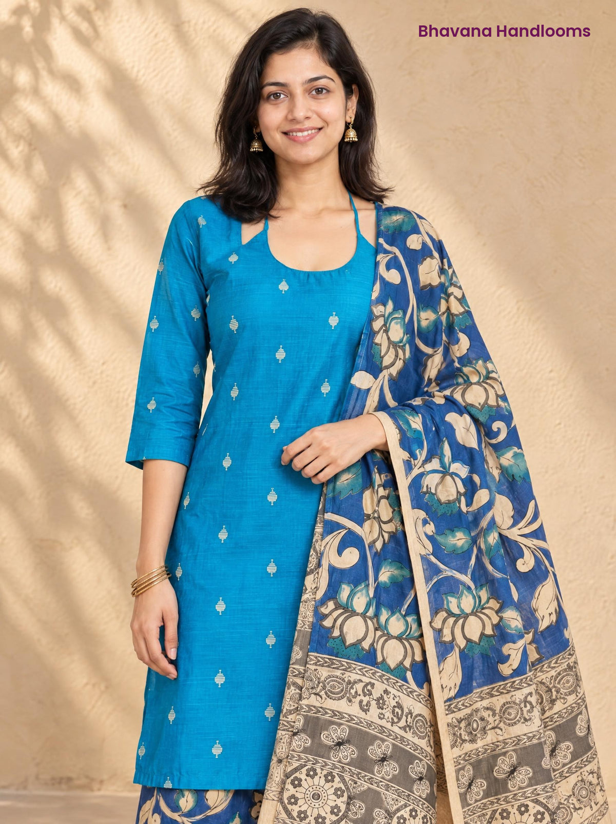 Sky Blue Raw Silk 3PC Set · Royal Blue Kalamkari Dupatta