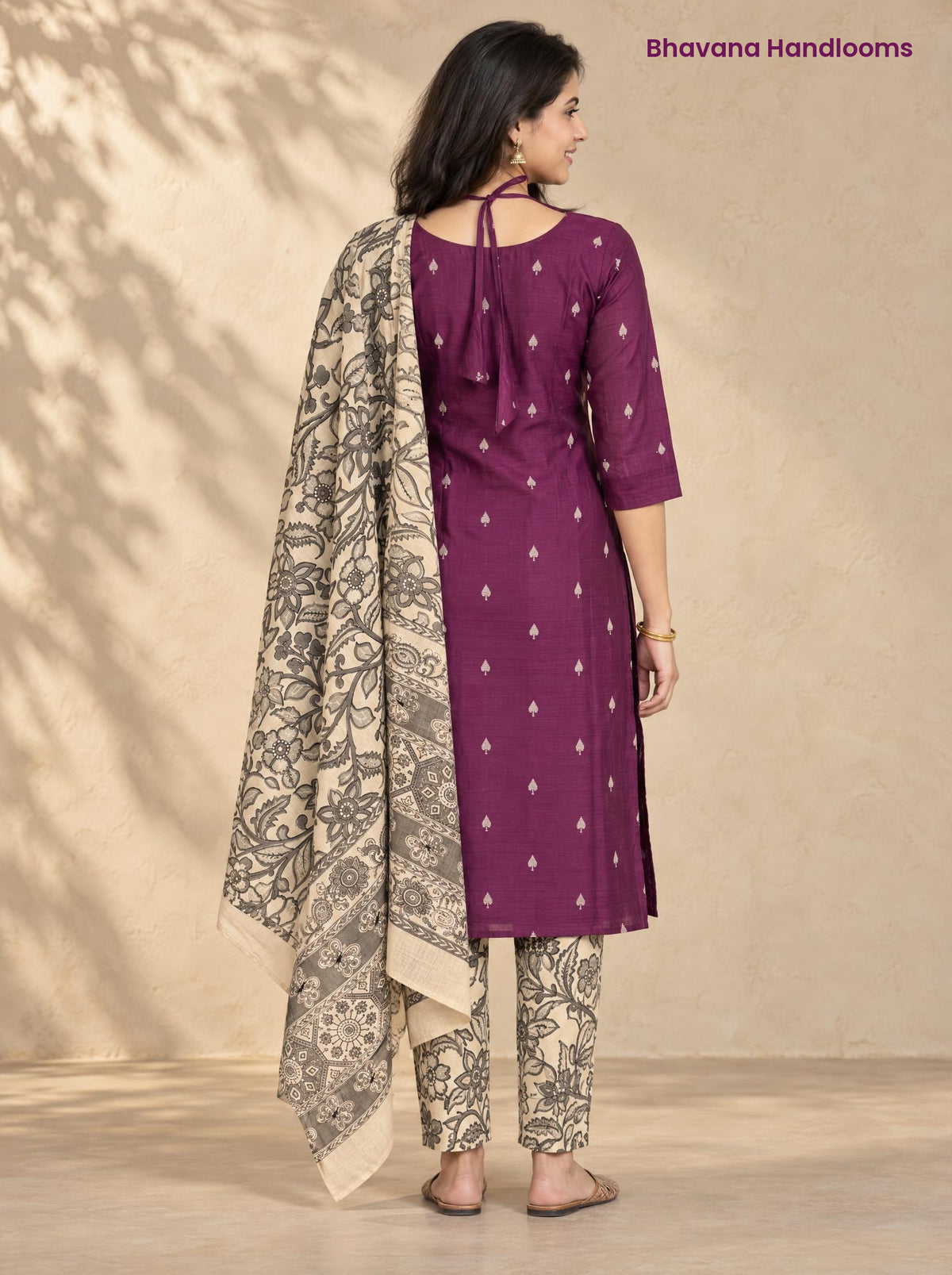 Magenta Raw Silk 3PC Set · Grey & Cream Kalamkari Dupatta