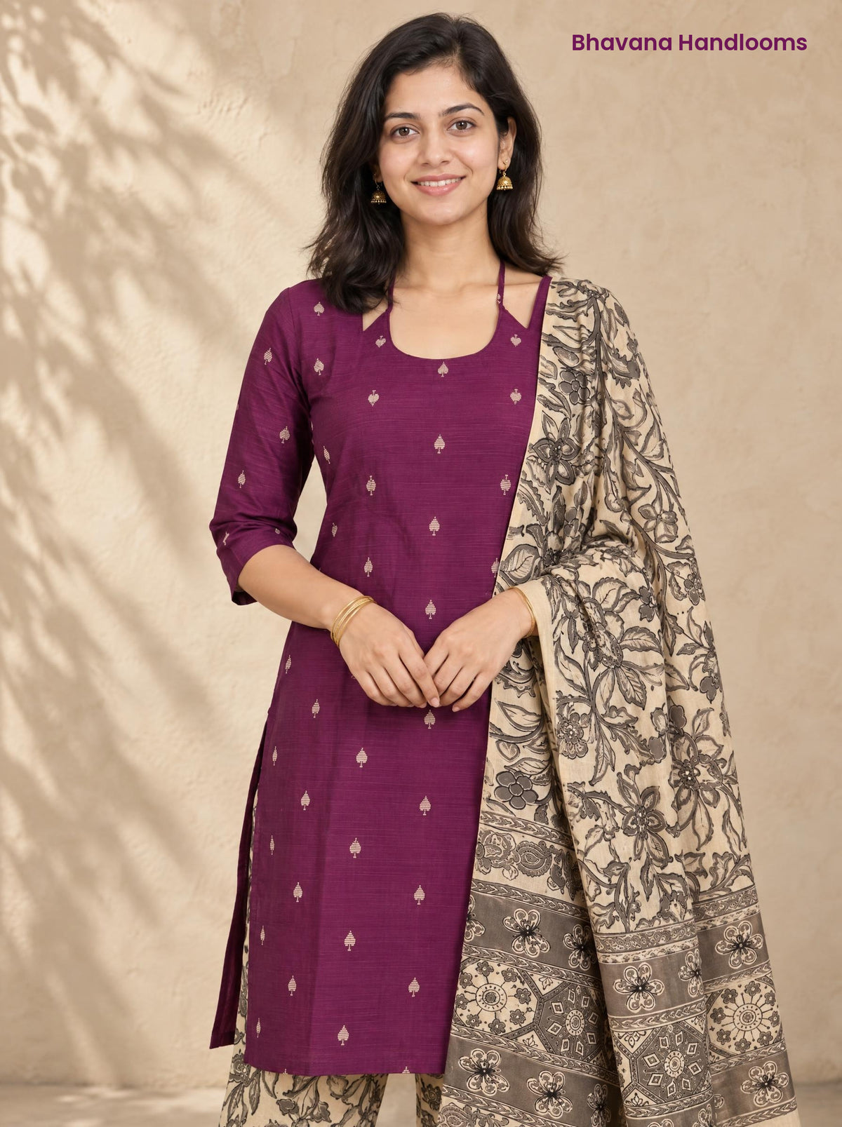 Magenta Raw Silk 3PC Set · Grey & Cream Kalamkari Dupatta