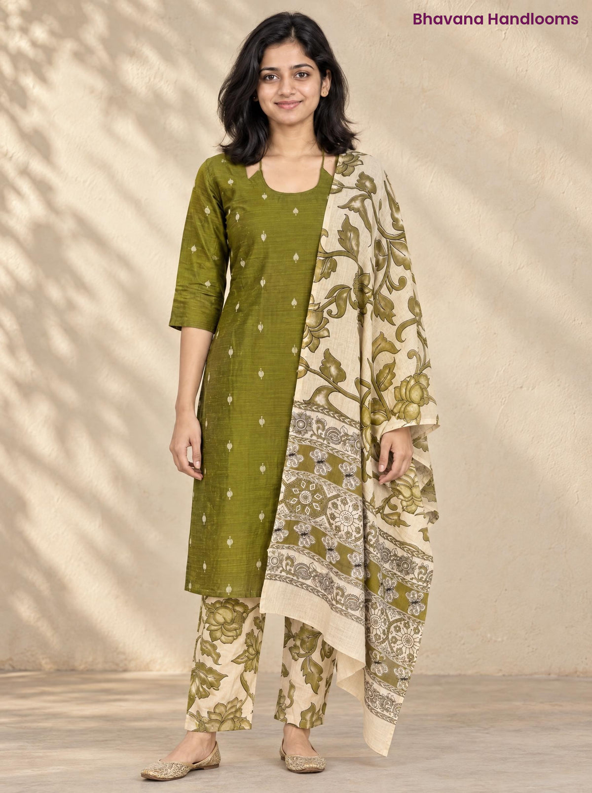 Olive Green Raw Silk 3PC Set · Cream & Olive Kalamkari Dupatta