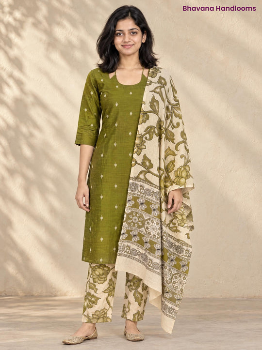 Olive Green Raw Silk 3PC Set · Cream & Olive Kalamkari Dupatta
