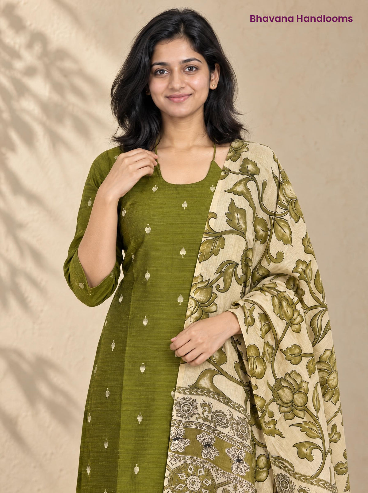 Olive Green Raw Silk 3PC Set · Cream & Olive Kalamkari Dupatta