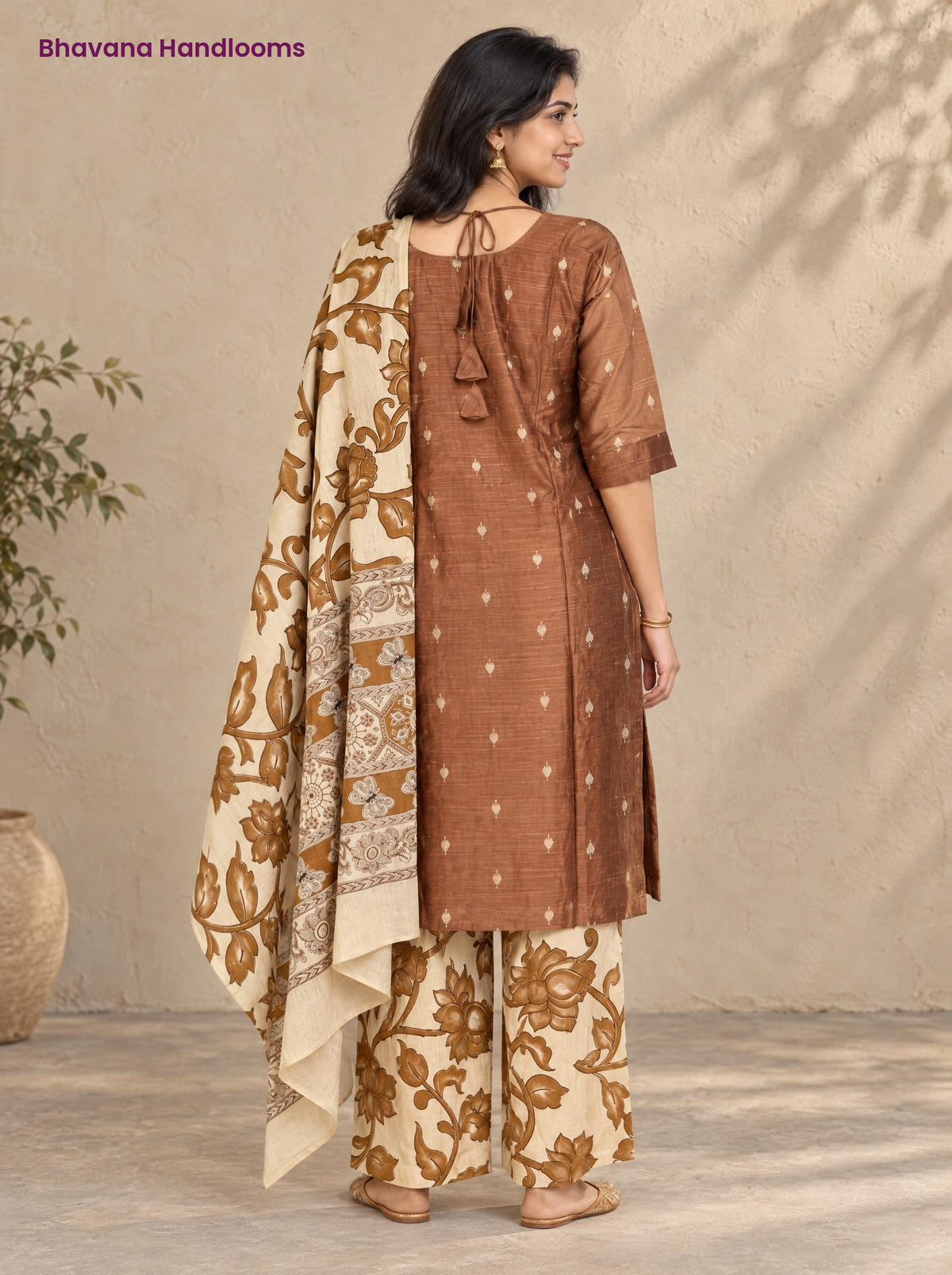 Brown Raw Silk 3PC Set · Cream & Brown Kalamkari Dupatta