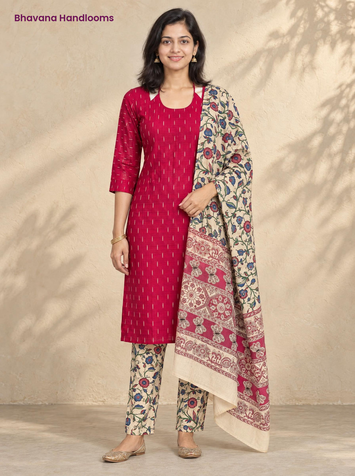 Rani Pink Raw Silk 3PC Set · Cream & Red Kalamkari Dupatta