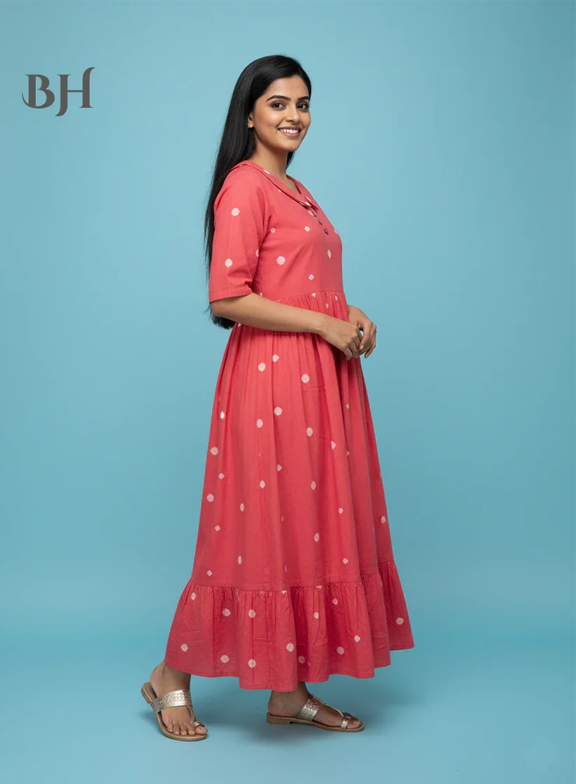 Handloom Jacquard Collar Neck Cotton Frock – Elegant Pink Dress for Women