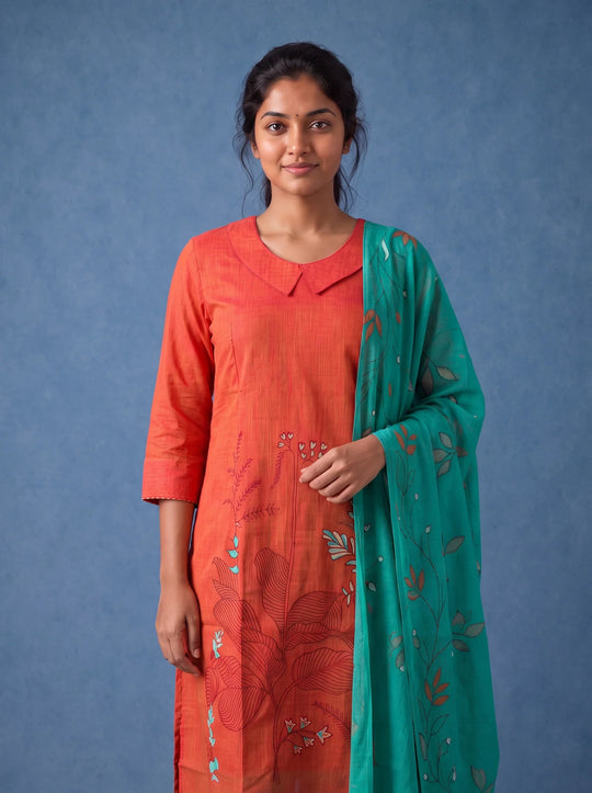 Premium Orange Printed Cotton 3PC Kurti Set with Floral Design & Collar Neck | Straight Pant & Printed Dupatta | Ready to Wear