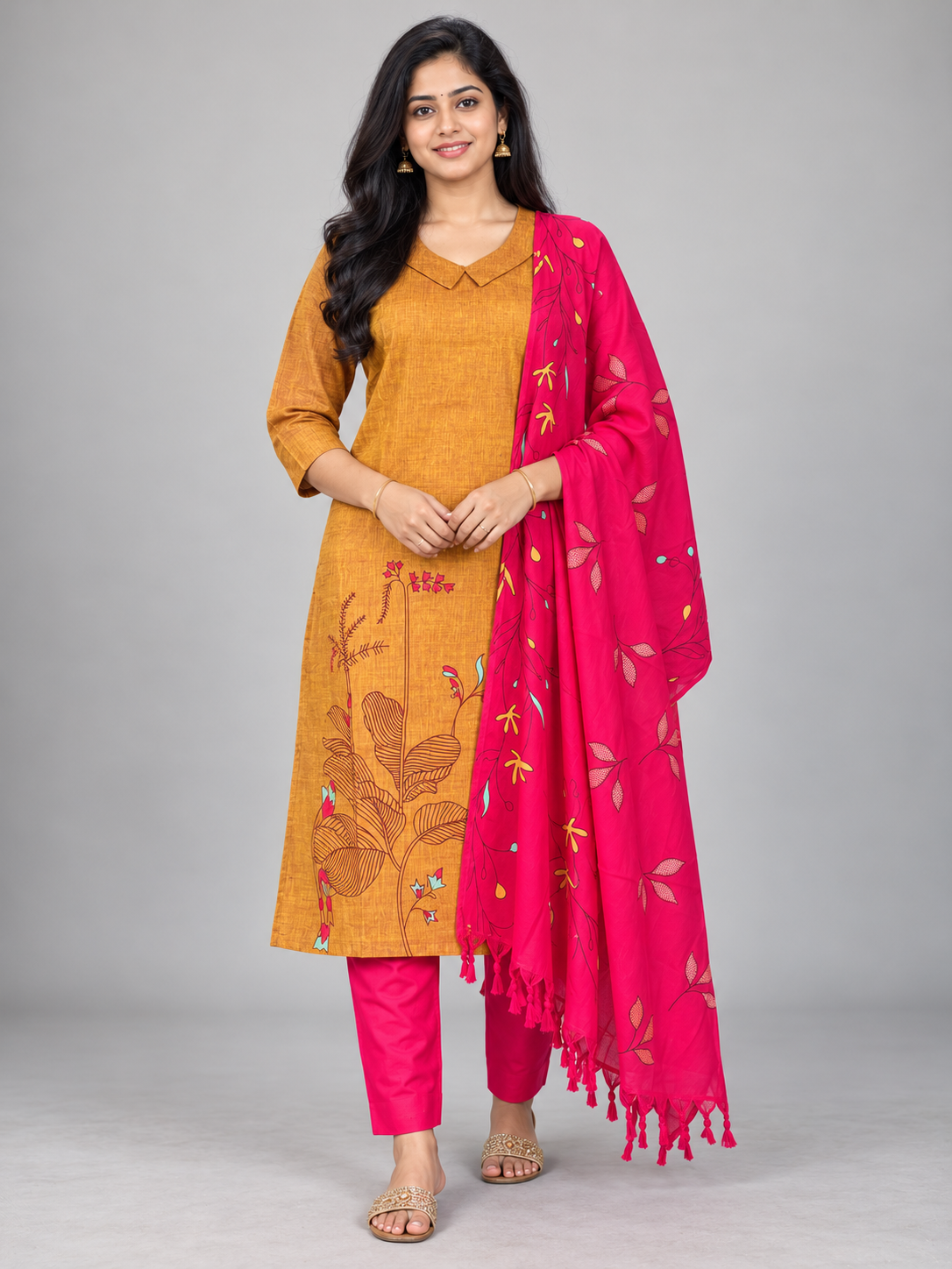 Premium Mustard Yellow Printed Cotton 3PC Kurti Set with Floral Design & Collar Neck | Straight Pant & Printed Dupatta | Ready to Wear