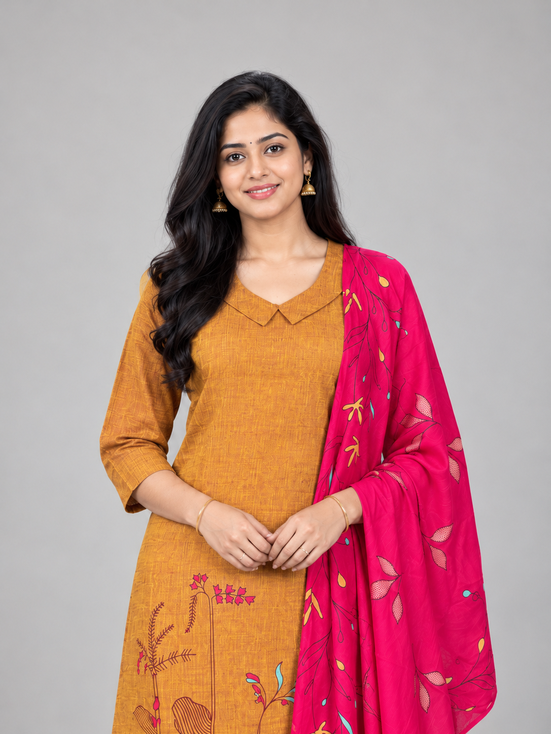 Premium Mustard Yellow Printed Cotton 3PC Kurti Set with Floral Design & Collar Neck | Straight Pant & Printed Dupatta | Ready to Wear