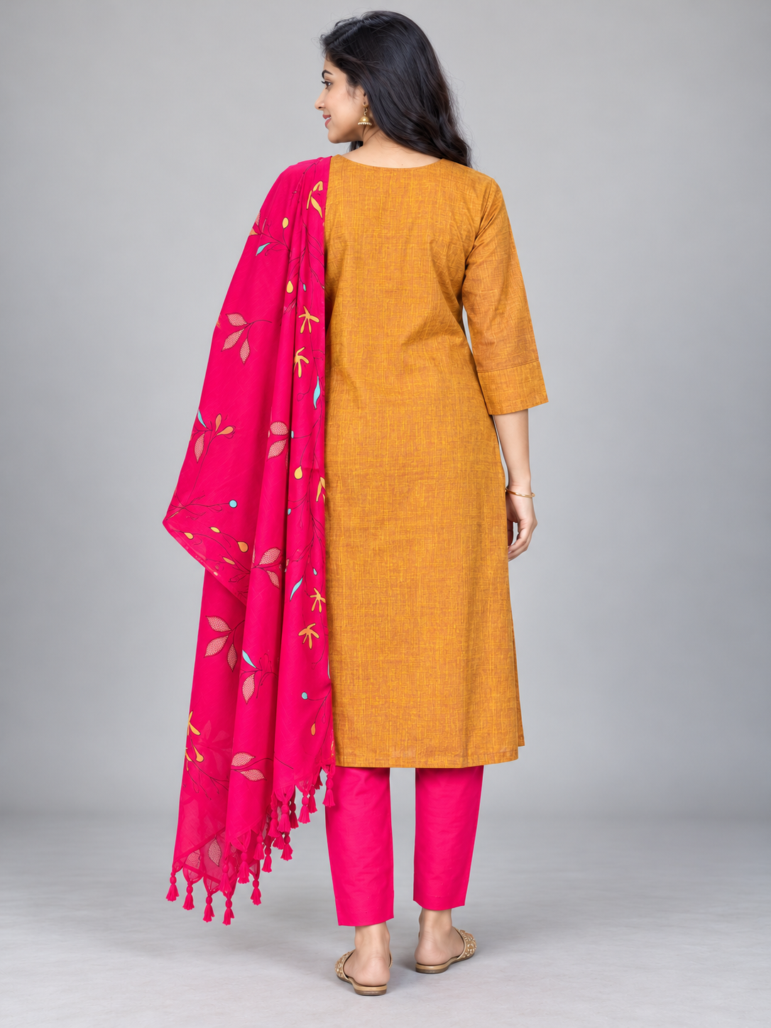 Premium Mustard Yellow Printed Cotton 3PC Kurti Set with Floral Design & Collar Neck | Straight Pant & Printed Dupatta | Ready to Wear