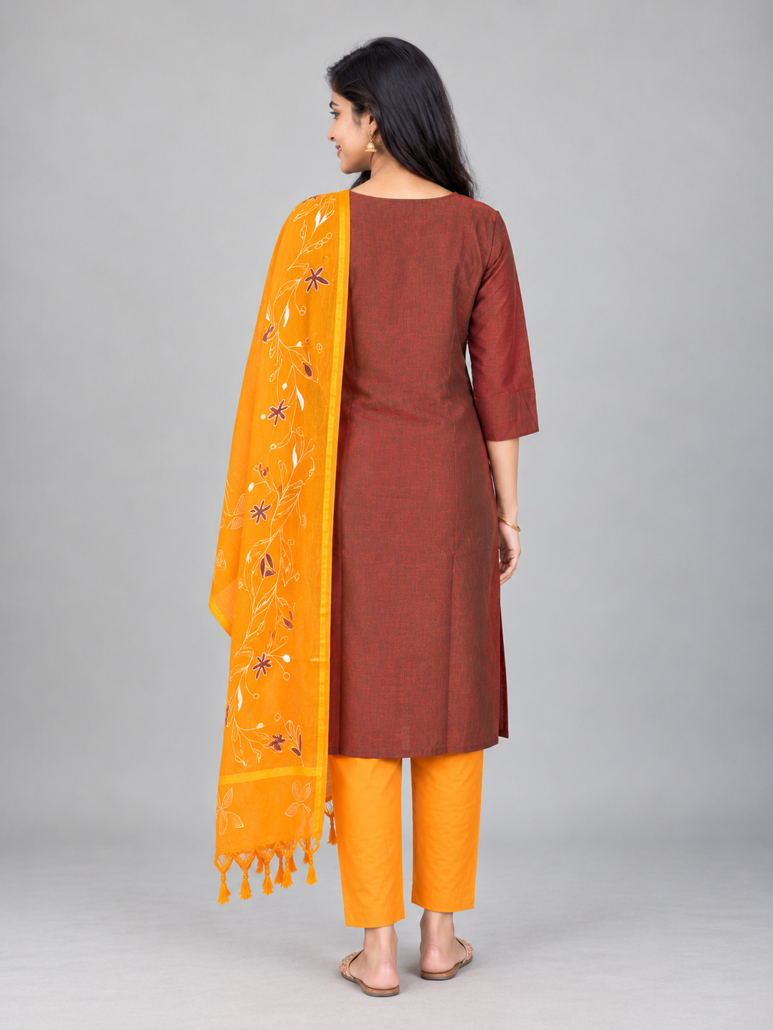 Premium Rust Brown Printed Cotton 3PC Kurti Set with Floral Design & Collar Neck | Straight Pant & Printed Dupatta | Ready to Wear