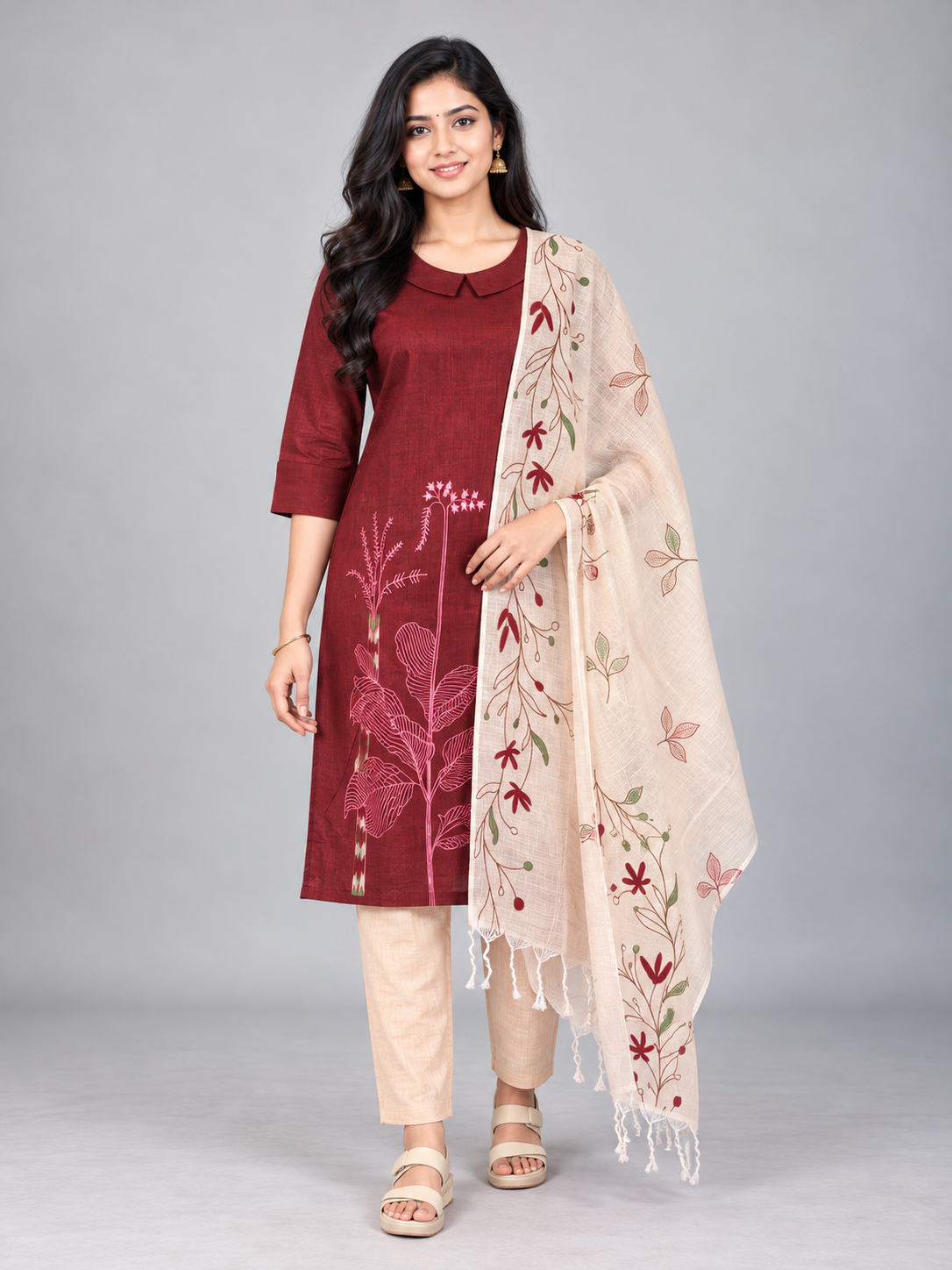 Premium Maroon Printed Cotton 3PC Kurti Set with Floral Design & Collar Neck | Straight Pant & Printed Dupatta | Ready to Wear