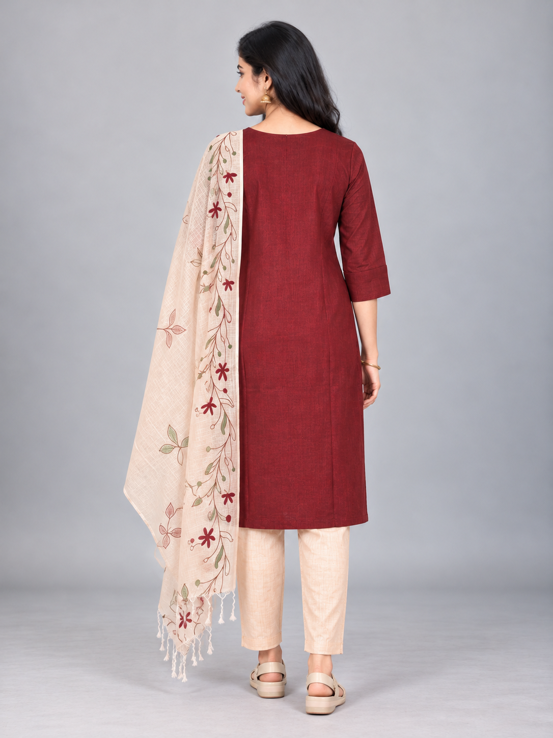 Premium Maroon Printed Cotton 3PC Kurti Set with Floral Design & Collar Neck | Straight Pant & Printed Dupatta | Ready to Wear