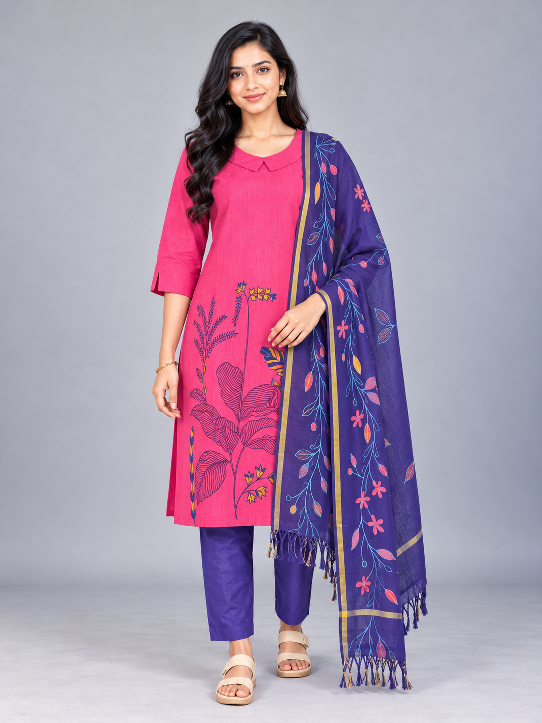 Premium Hot Pink Printed Cotton 3PC Kurti Set with Floral Design & Collar Neck | Straight Pant & Royal Blue Printed Dupatta | Ready to Wear