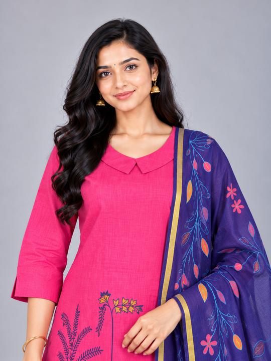 Premium Hot Pink Printed Cotton 3PC Kurti Set with Floral Design & Collar Neck | Straight Pant & Royal Blue Printed Dupatta | Ready to Wear
