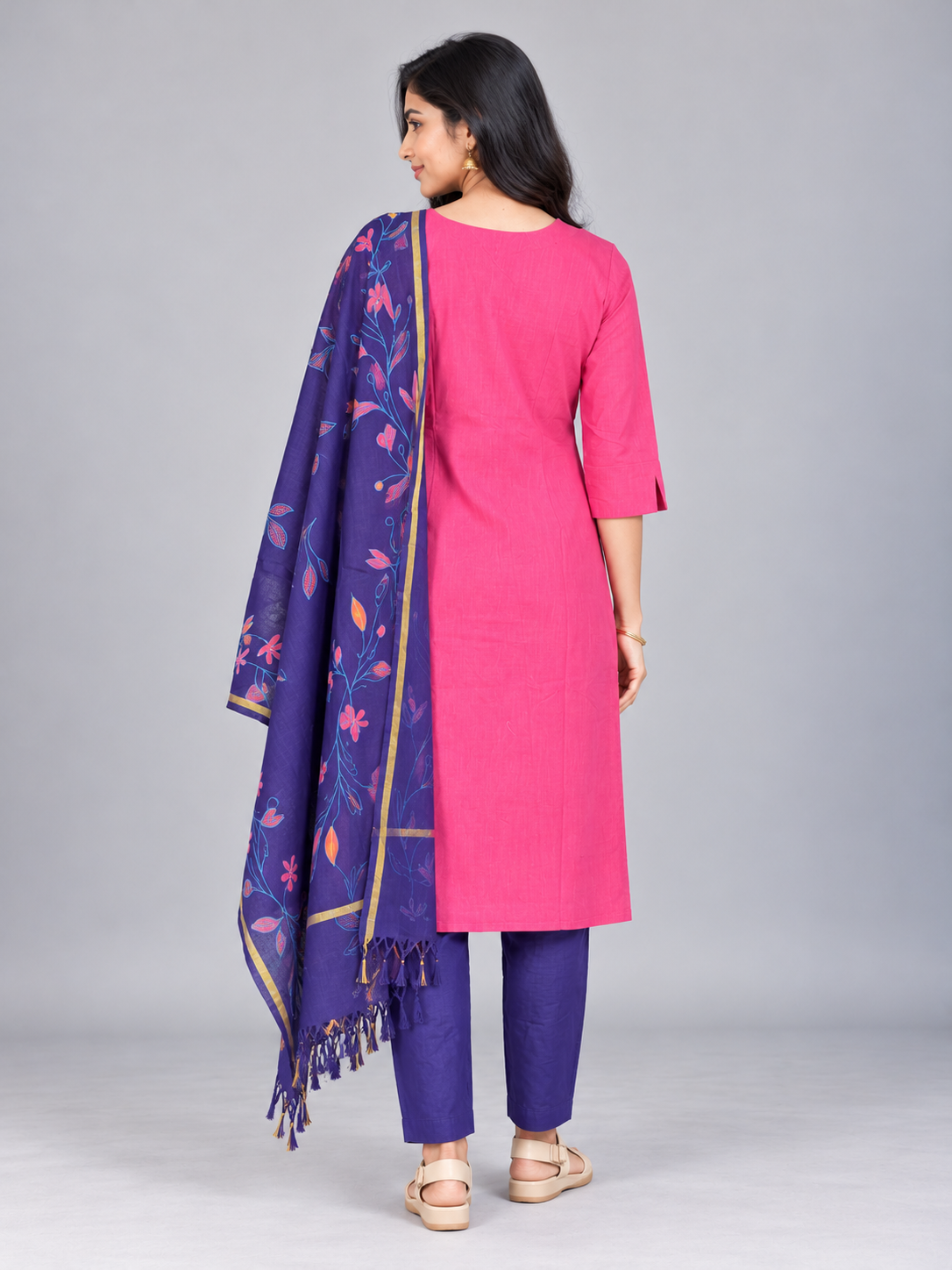 Premium Hot Pink Printed Cotton 3PC Kurti Set with Floral Design & Collar Neck | Straight Pant & Royal Blue Printed Dupatta | Ready to Wear