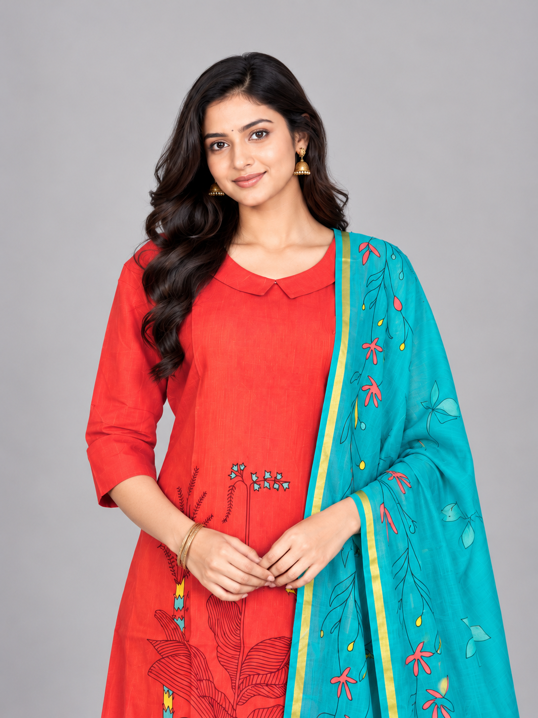 Premium Coral Red Printed Cotton 3PC Kurti Set with Floral Design & Collar Neck | Straight Pant & Teal Blue Printed Dupatta | Ready to Wear