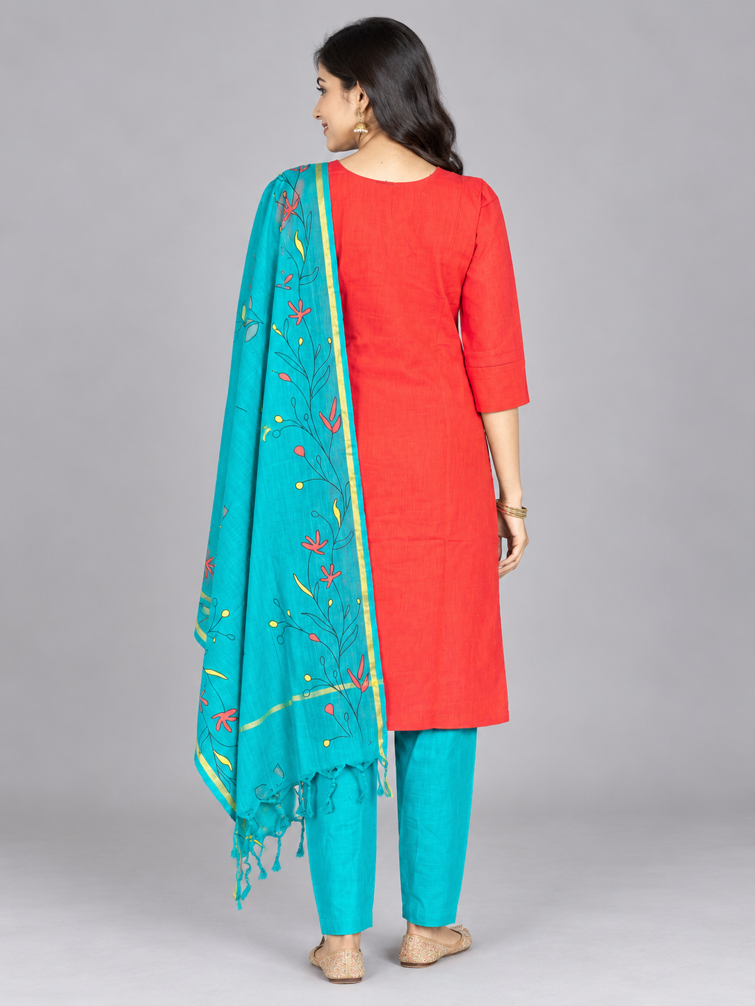 Premium Coral Red Printed Cotton 3PC Kurti Set with Floral Design & Collar Neck | Straight Pant & Teal Blue Printed Dupatta | Ready to Wear