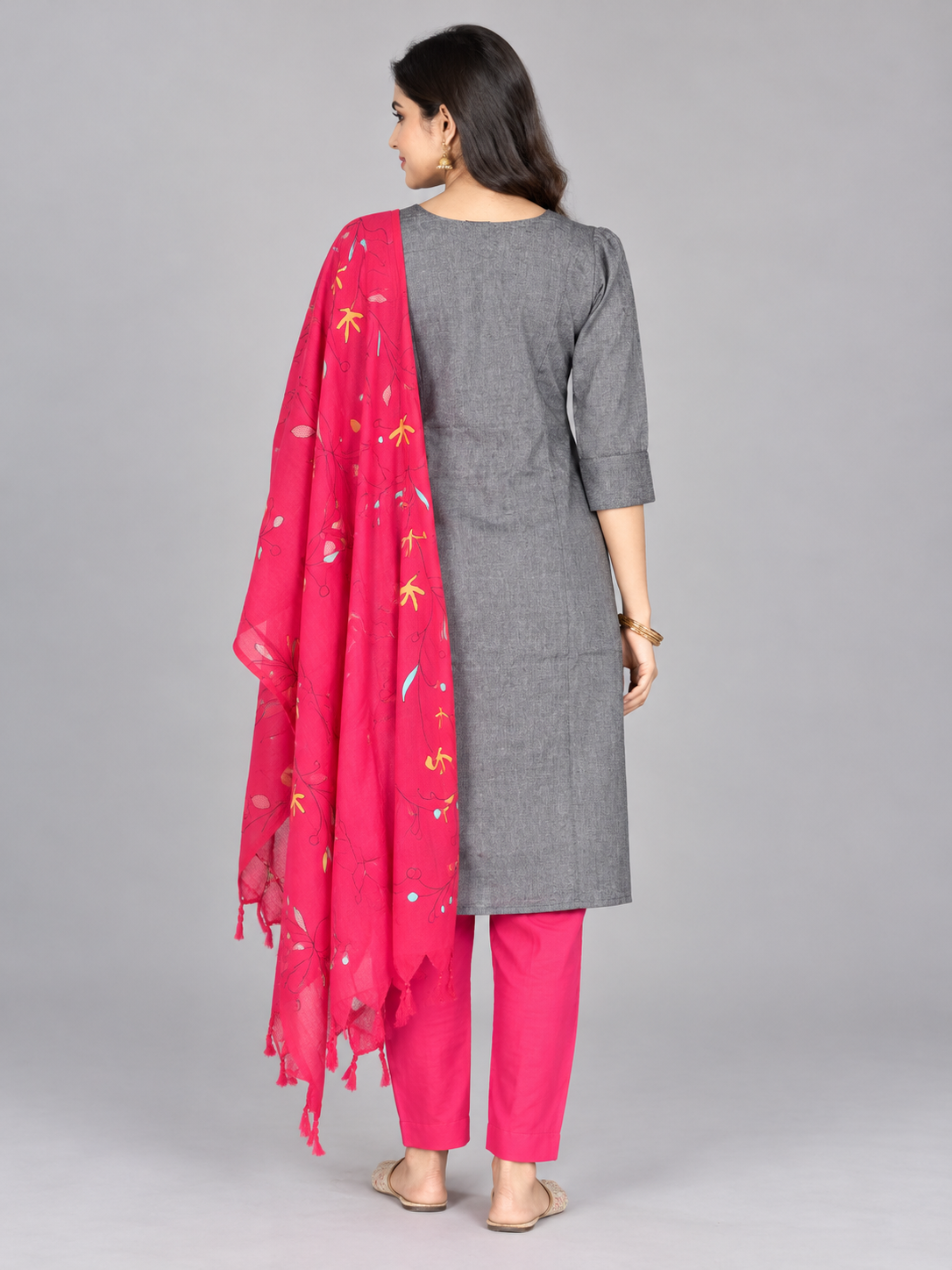 Premium Charcoal Grey Printed Cotton 3PC Kurti Set with Floral Design & Collar Neck | Straight Pant & Hot Pink Printed Dupatta | Ready to Wear