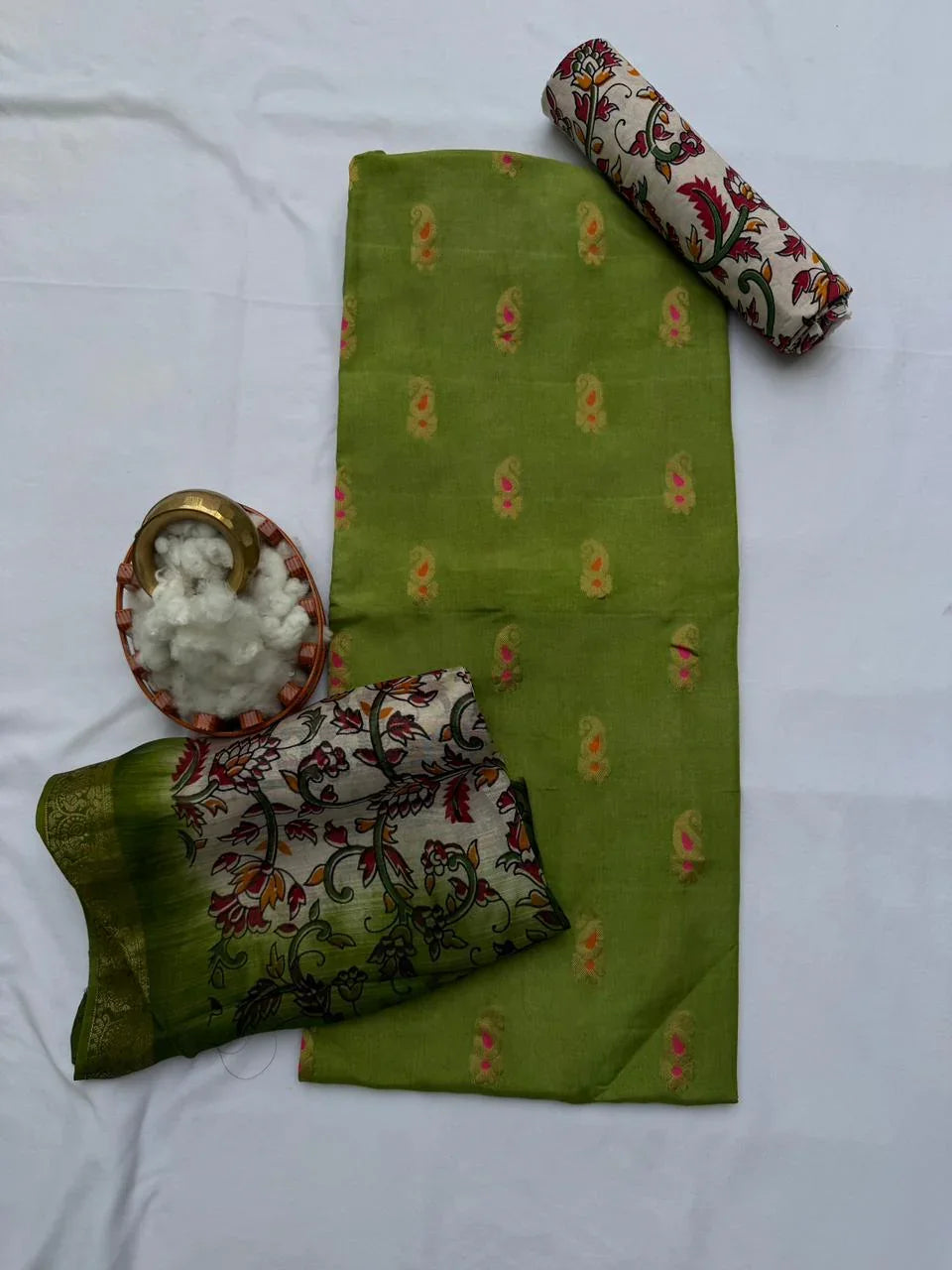Premium Soft Jute Dress Material with Green Woven Top & Printed Dupatta