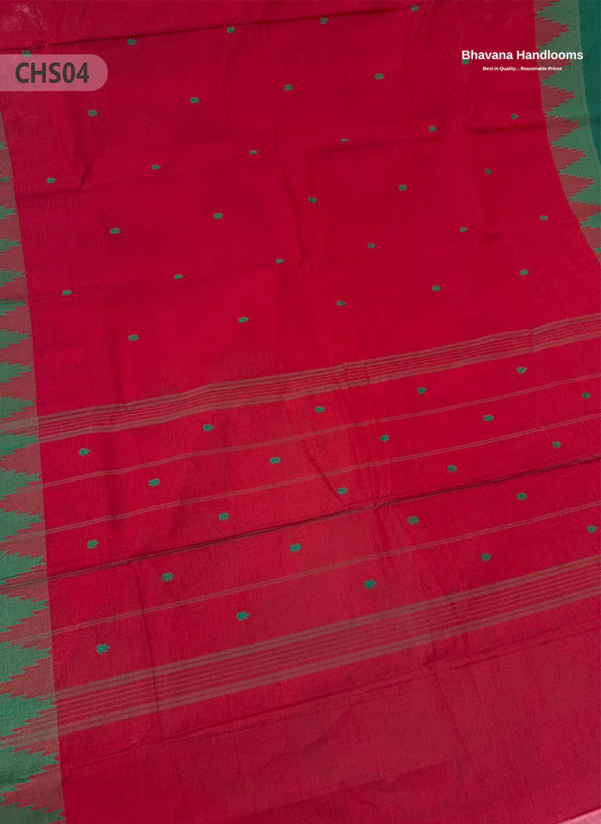 Traditional Chettinad Handloom Saree in Red with Temple Border & Buti Weave