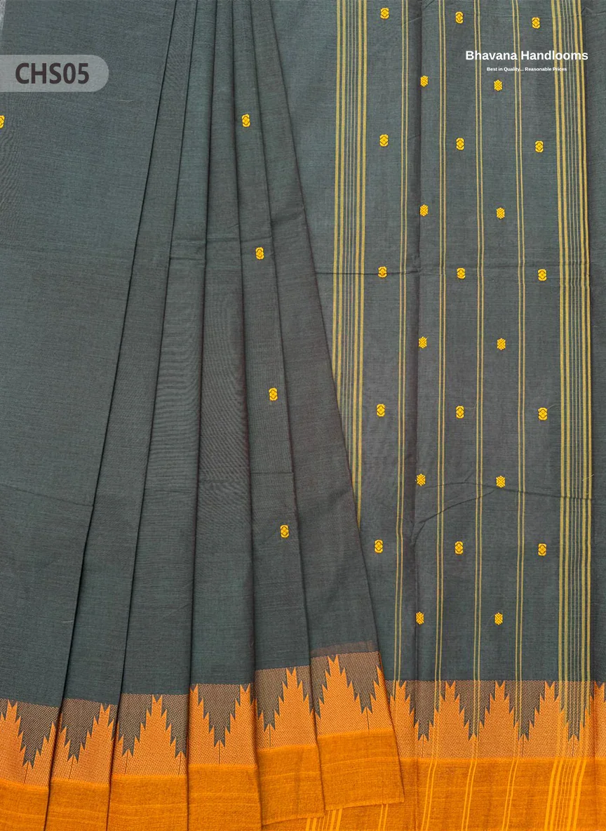 Traditional Chettinad Handloom Saree in Carbon Grey Color with Temple Border & Buti Weave