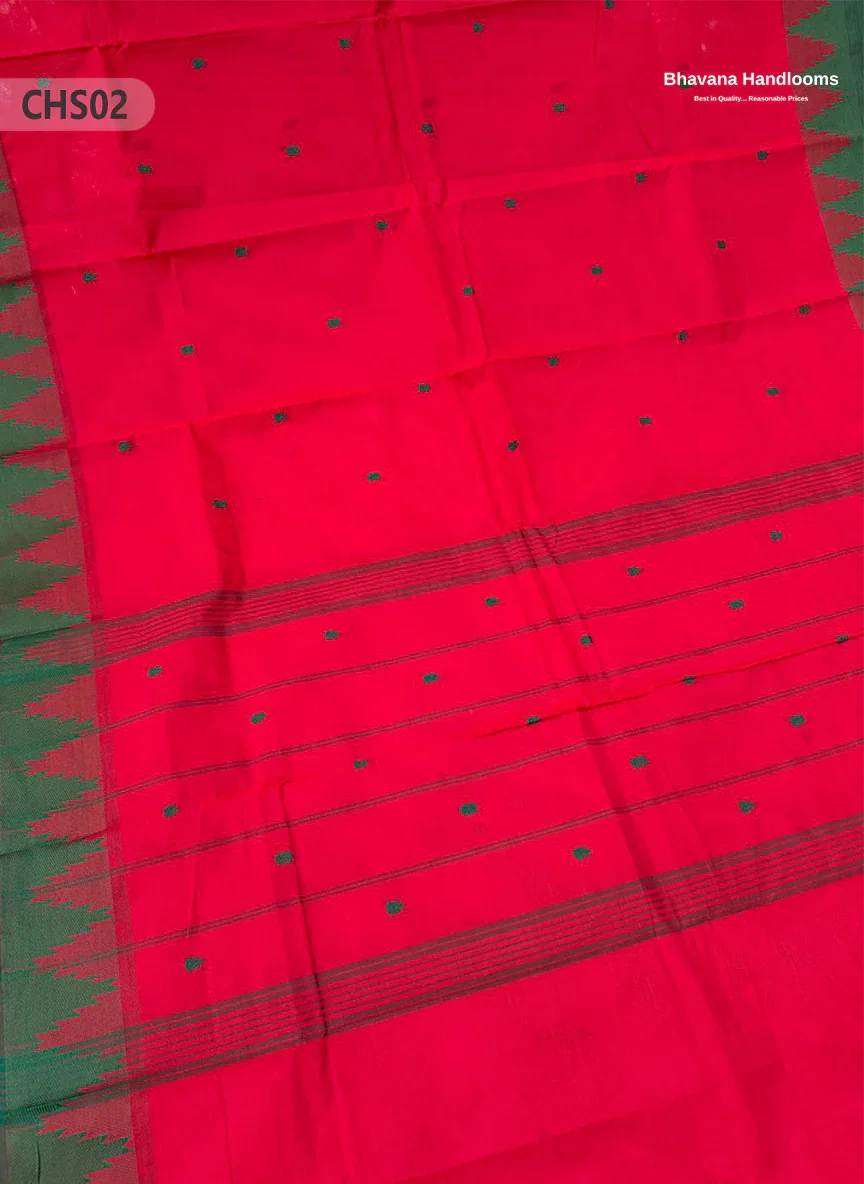 Traditional Chettinad Handloom Saree in Pink Red Color with Temple Border & Buti Weave