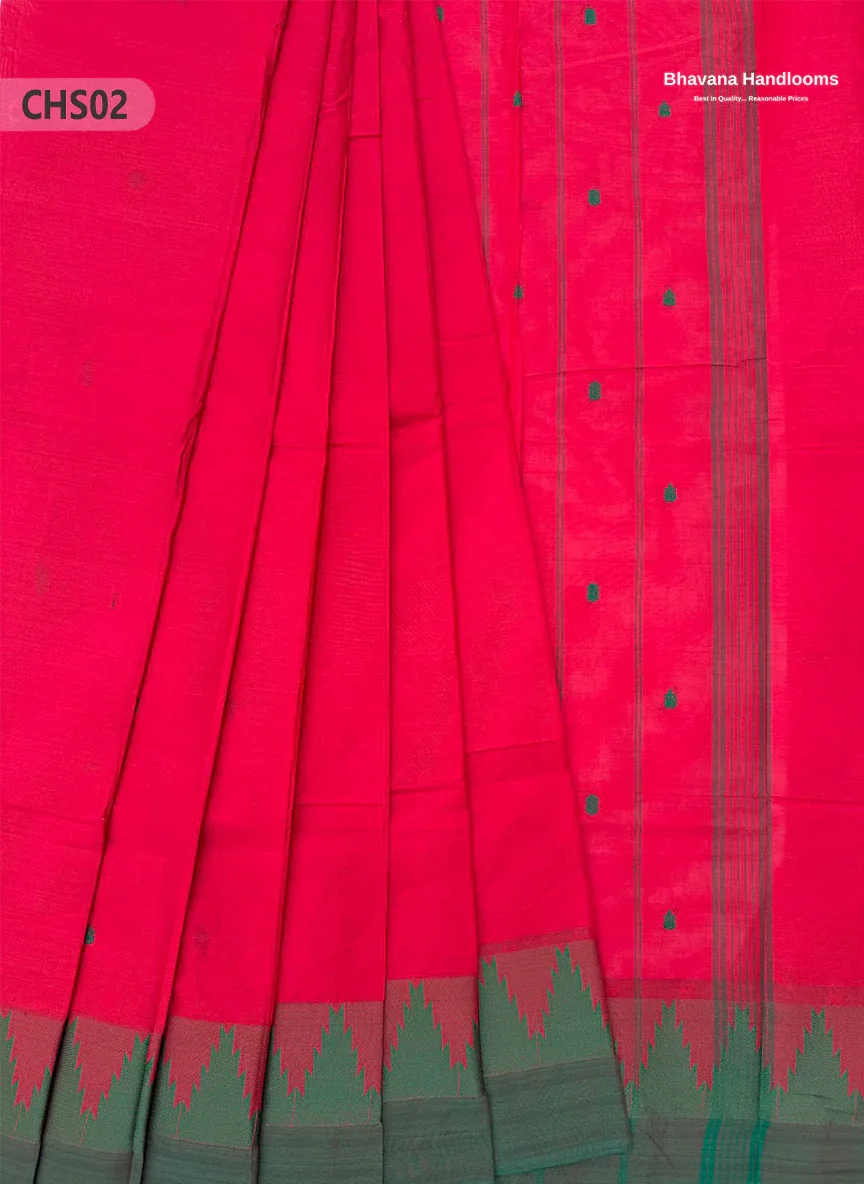 Traditional Chettinad Handloom Saree in Pink Red Color with Temple Border & Buti Weave
