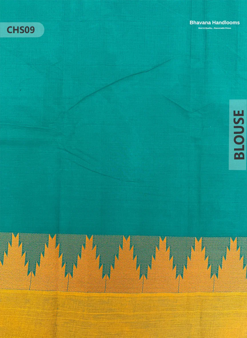 Traditional Chettinad Handloom Saree in Dark Cyan with Temple Border & Buti Weave