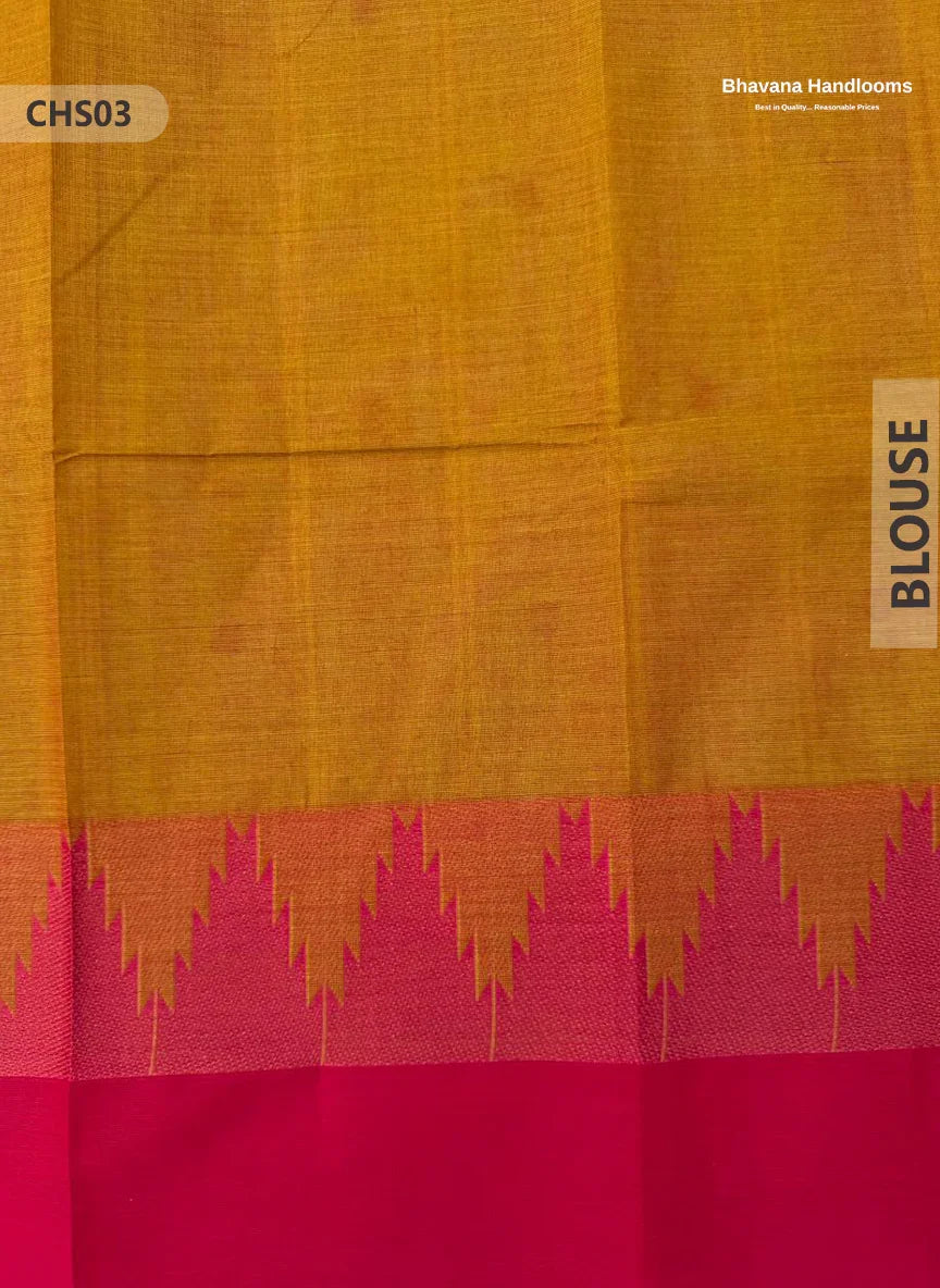 Traditional Chettinad Handloom Saree in Yellow with Temple Border & Buti Weave
