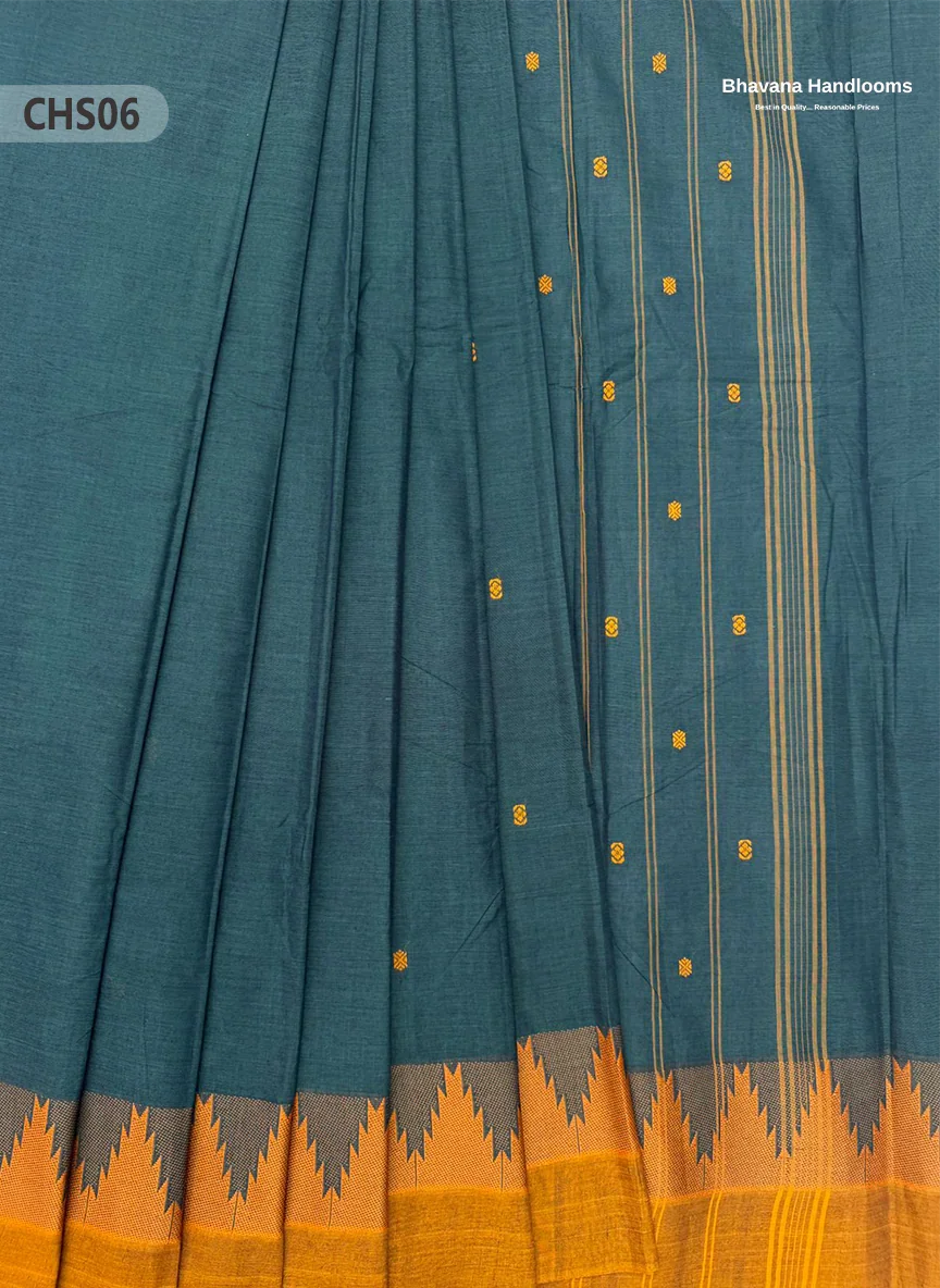 Traditional Chettinad Handloom Saree in Blue Dianne Color with Temple Border & Buti Weave
