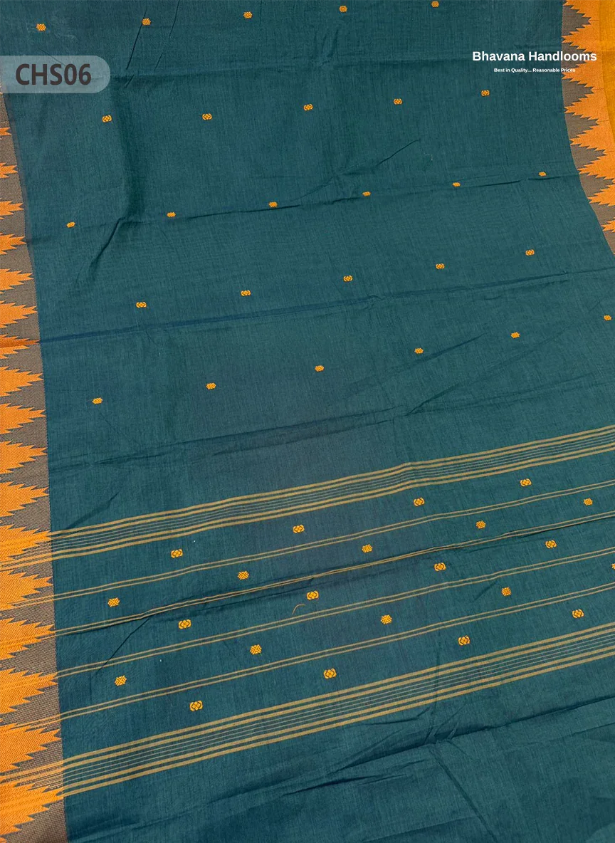 Traditional Chettinad Handloom Saree in Blue Dianne Color with Temple Border & Buti Weave