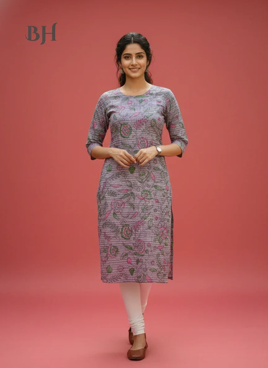 Premium Cotton Straight Cut Kurti Lavender – Elegant Floral Print Design