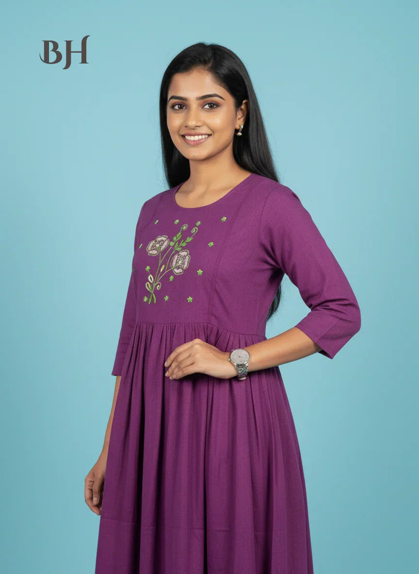Cotton Plain Long Frock with Light Plum Colour