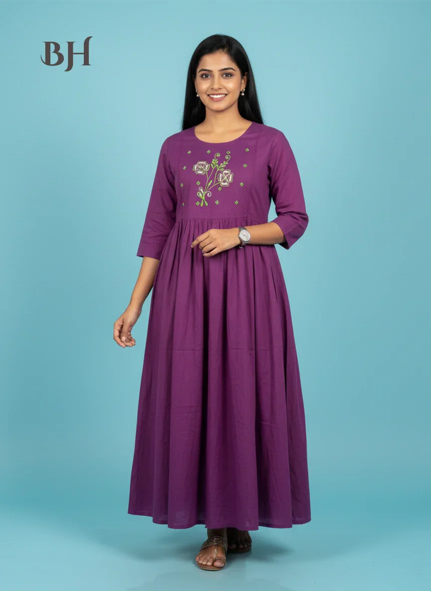 Cotton Plain Long Frock with Light Plum Colour