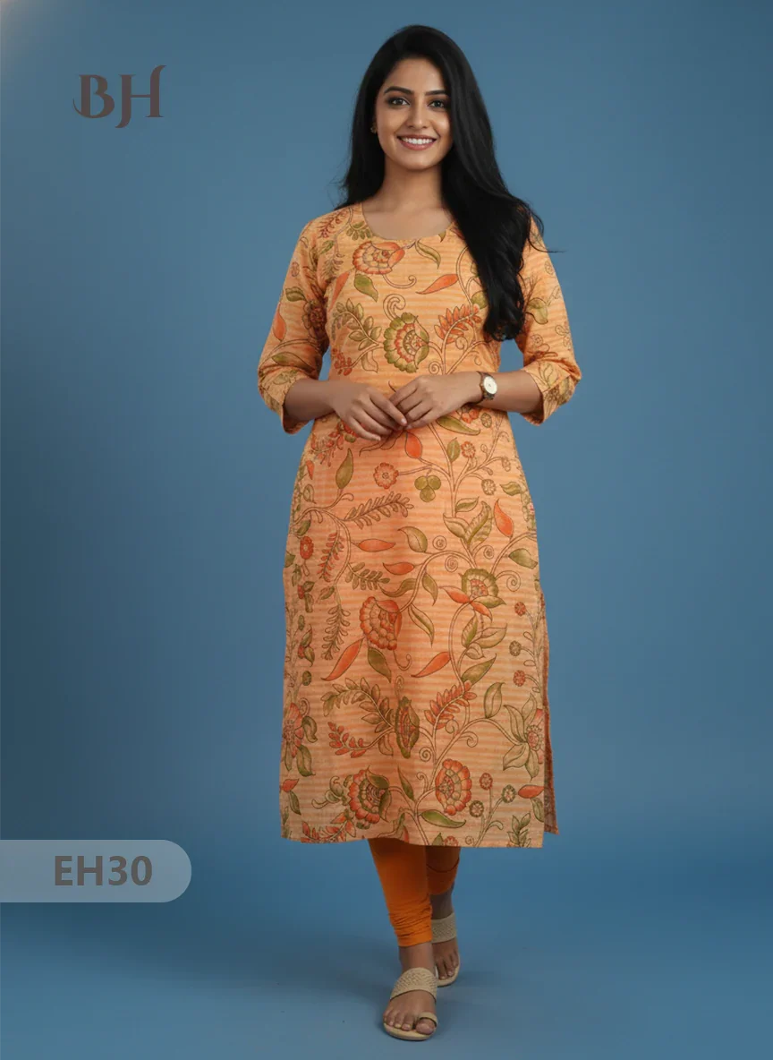 Premium Cotton Straight Cut Kurti – Fiery Orange Floral Print Design