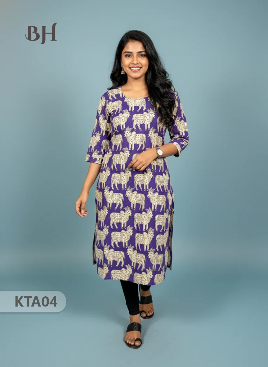 Kalamkari Straight Cut Top Violet Color with Full Length Lining | Ethnic Cotton Wear