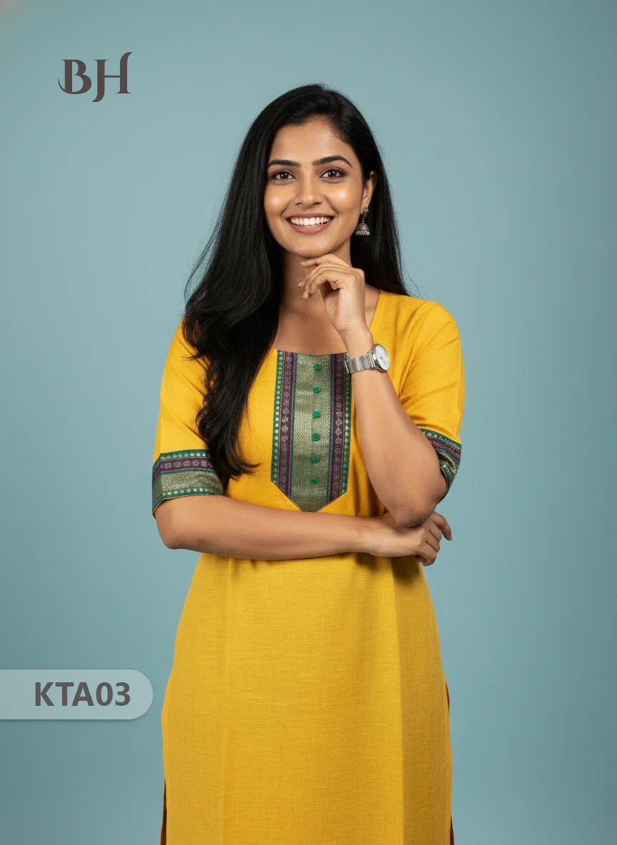 Handloom Straight Cut Top Yellow Color with No lining | Ethnic Cotton Wear
