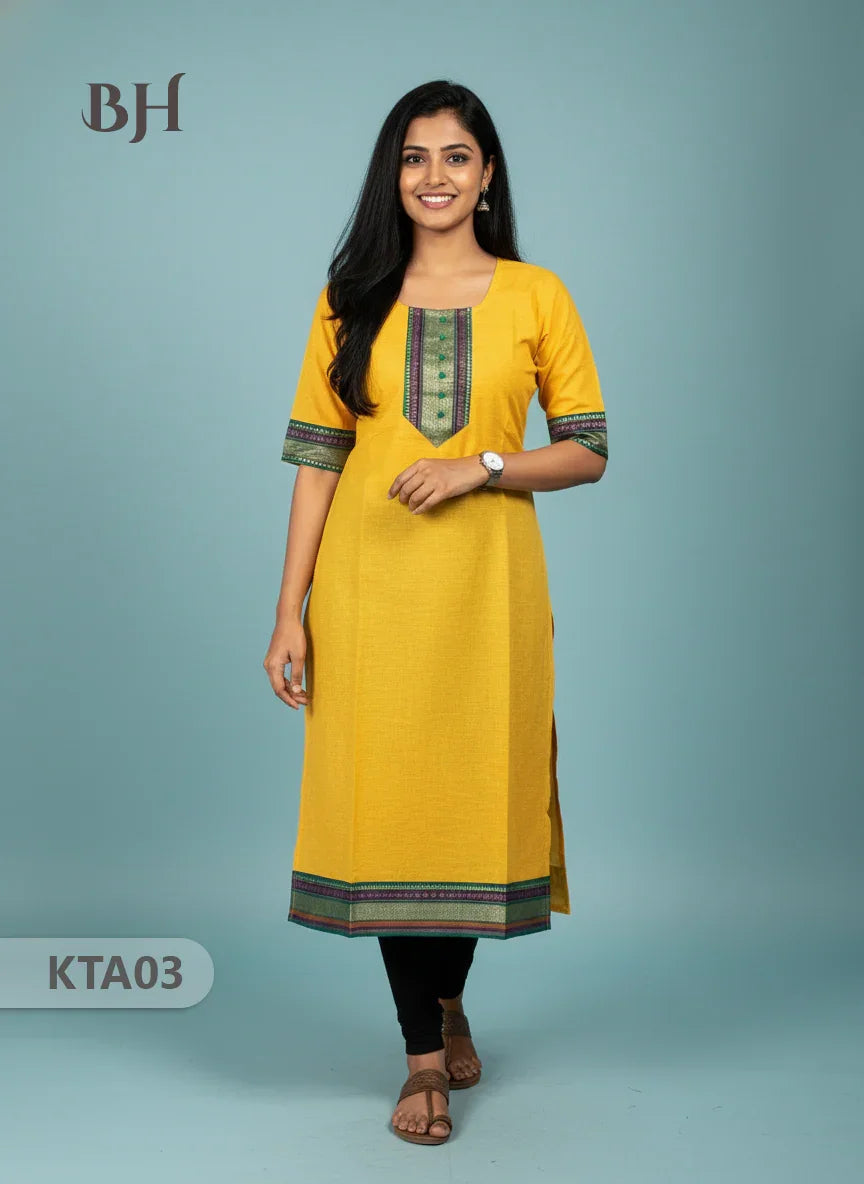 Handloom Straight Cut Top Yellow Color with No lining | Ethnic Cotton Wear