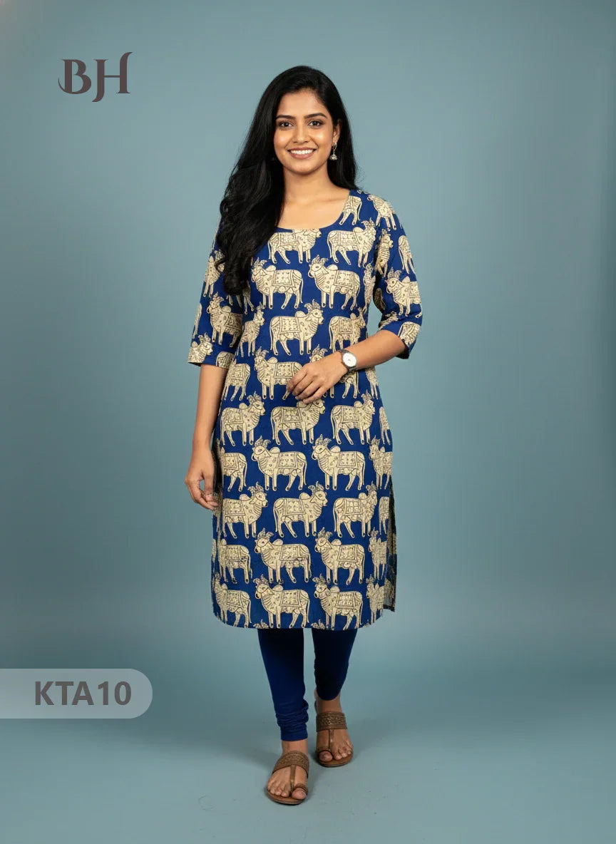Kalamkari Straight Cut Top Blue Color with Full Length Lining | Ethnic Cotton Wear