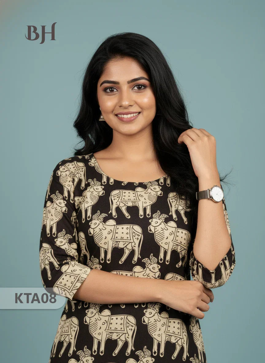 Kalamkari Straight Cut Top Black Color with Full Length Lining | Ethnic Cotton Wear
