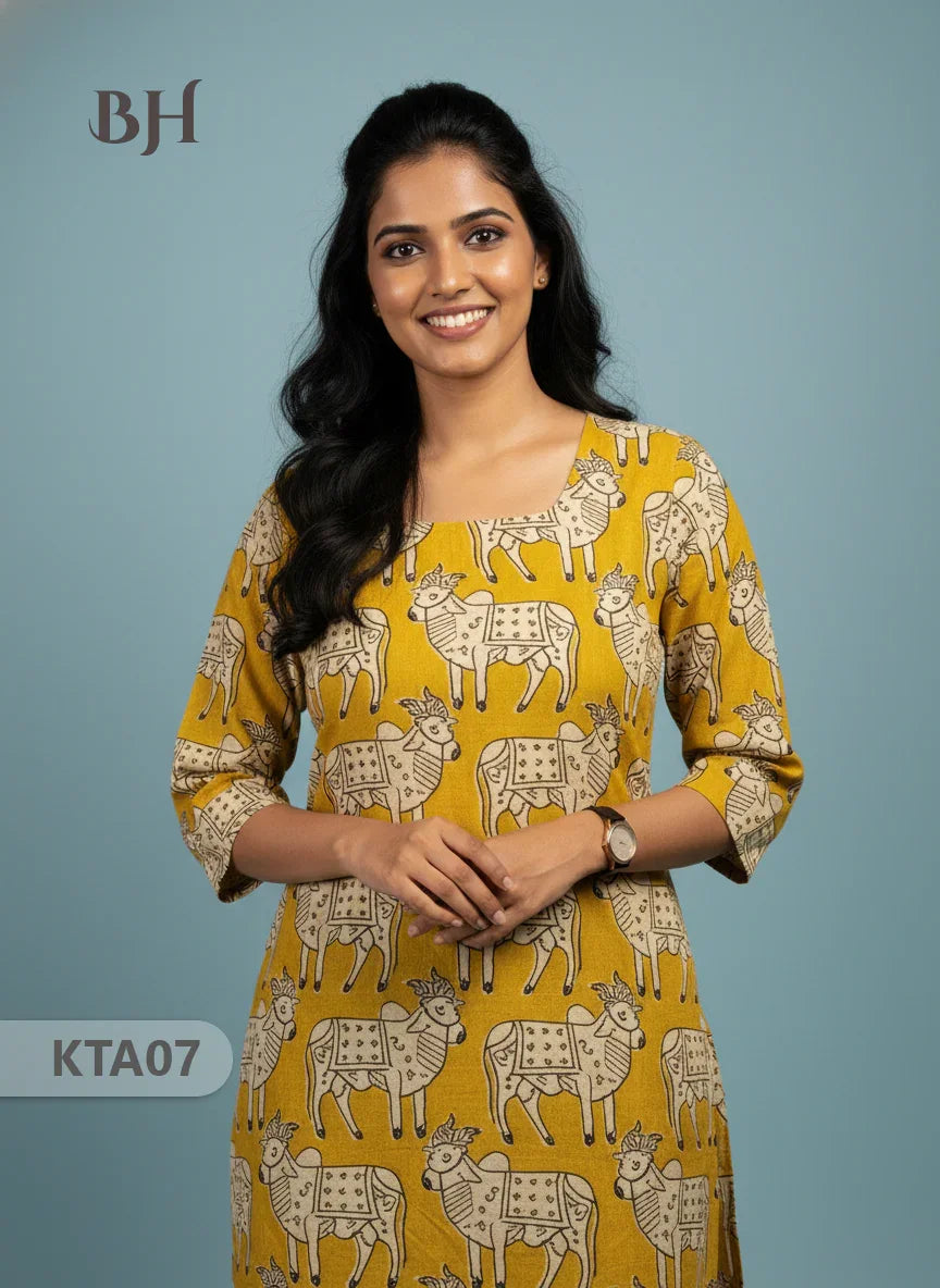 Kalamkari Straight Cut Top Yellow Color with Full Length Lining | Ethnic Cotton Wear