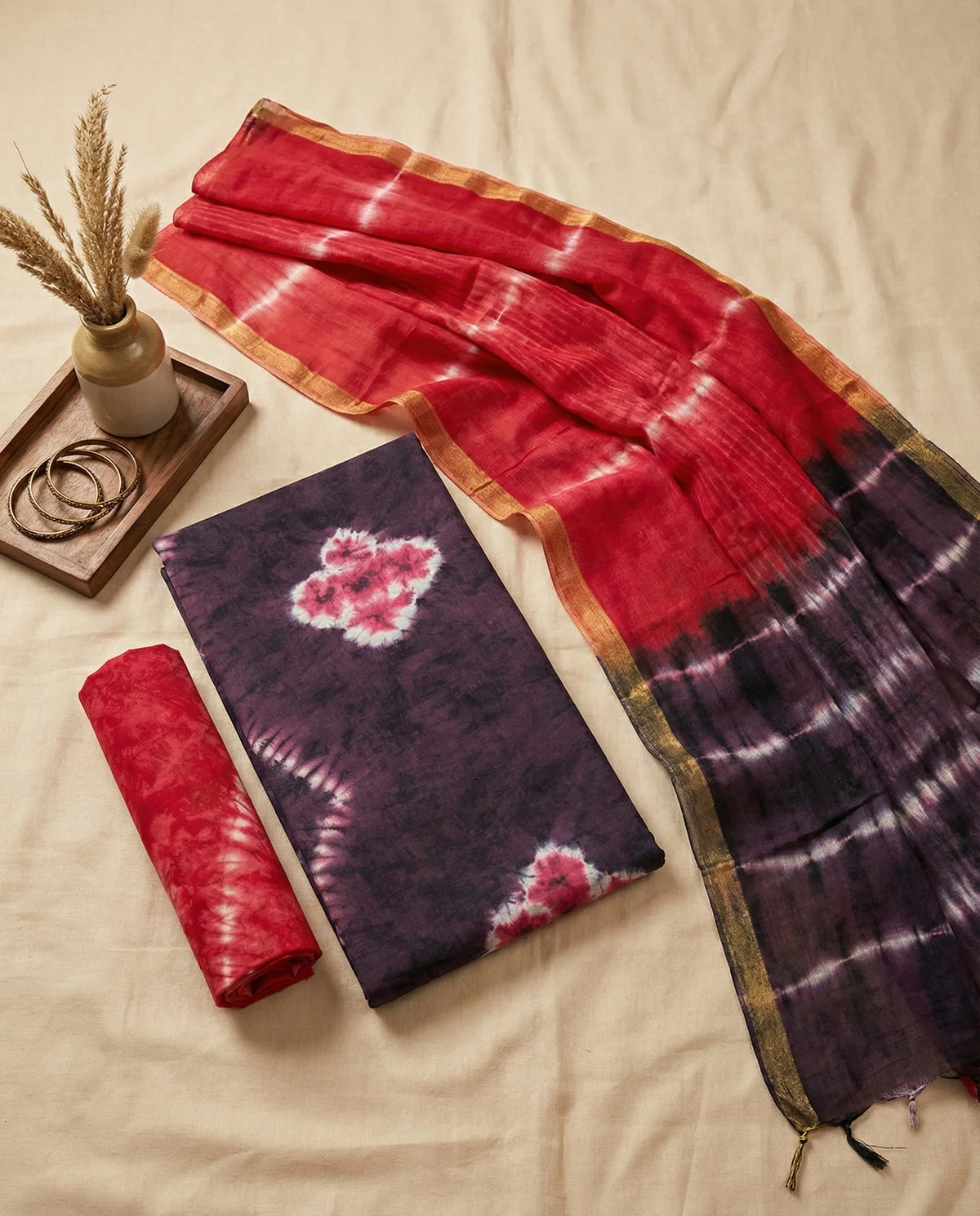 Comfort Purple Taupe Cotton Dress Material Paired with Cotton Dupatta