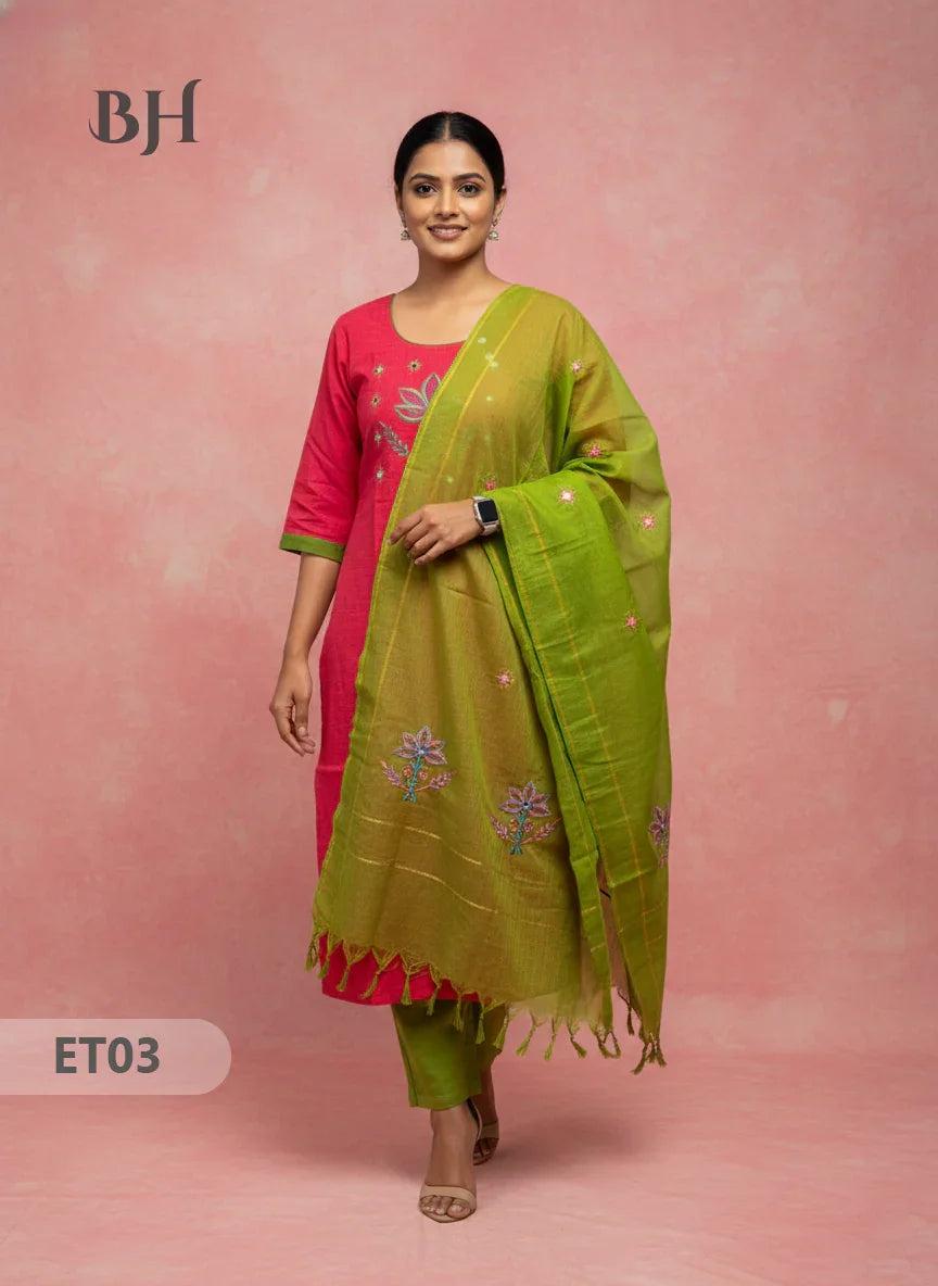 Women’s Pink Cotton 3pc Sets – Mirror Work & Embroidery Design