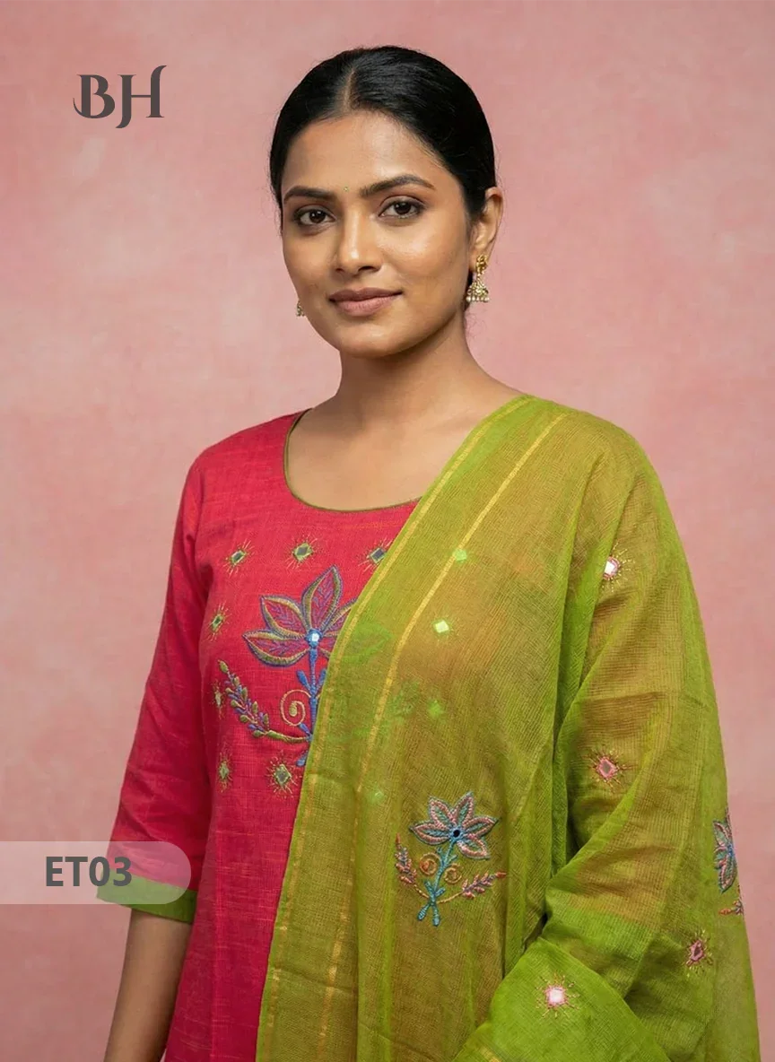 Women’s Pink Cotton 3pc Sets – Mirror Work & Embroidery Design