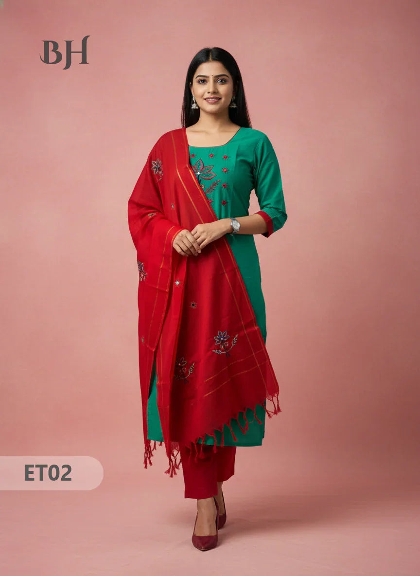 Women’s Green Cotton 3pc Sets – Mirror Work & Embroidery Design