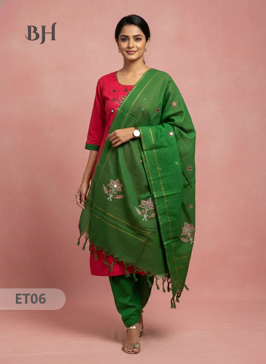Women’s Red Cotton 3pc Sets – Mirror Work & Embroidery Design