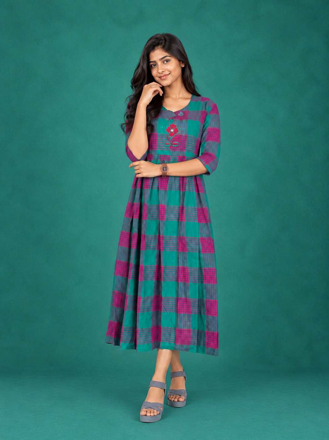 Premium Cotton Checked Frock with Embroidered Floral Design | Elegant A-Line Flared Dress