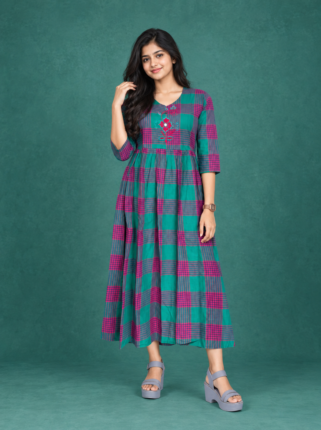 Premium Cotton Checked Frock with Embroidered Floral Design | Elegant A-Line Flared Dress
